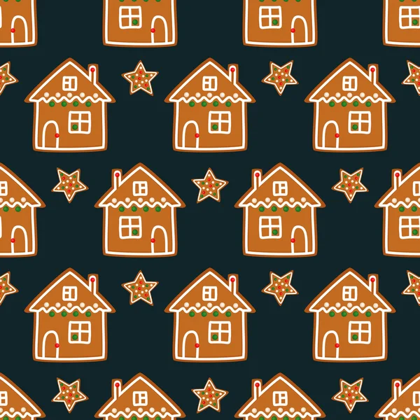 クリスマスのジンジャーブレッド クッキー - クリスマスの星とかわいい家のシームレス パターン. — ストックベクタ