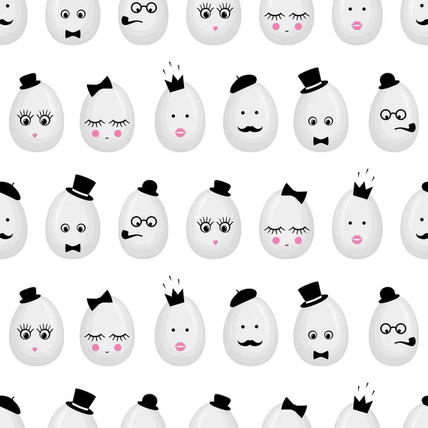 Easter eggs with glasses, mustache, bow-tie, hat, tobacco pipe, eyes, lashes, lips, crown. — Stock Vector