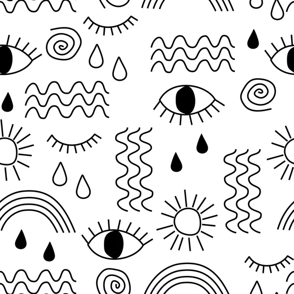 Fekete-fehér absztrakt egyszerű vektorgrafikus absztrakt varrat nélküli mintát szemét, hullámok, sun, csepp, szivárvány. — Stock Vector