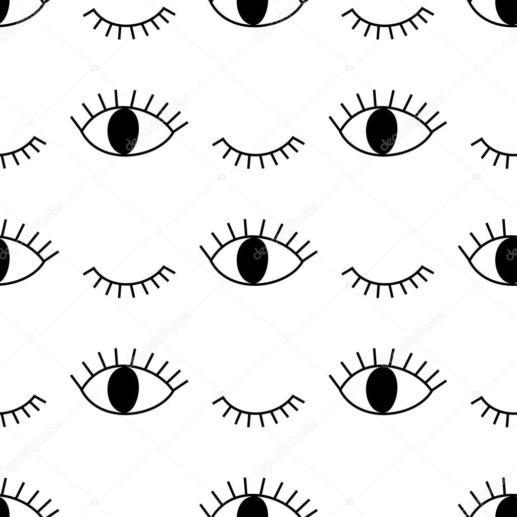 Black and white abstract pattern with open and winking eyes.