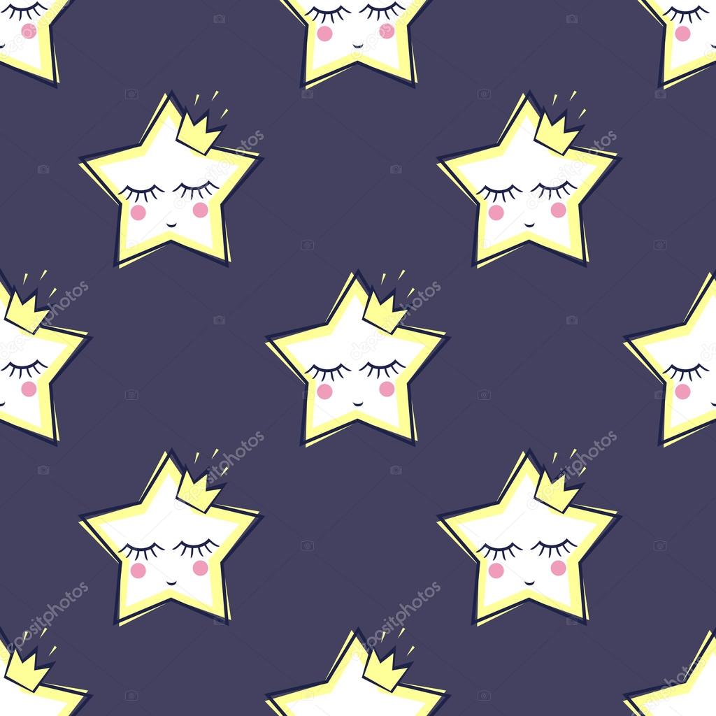 Seamless pattern with sleeping stars for kids. Cute baby shower vector background.