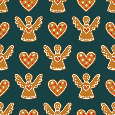 Noel gingerbread çerezleri ile-Seamless Modeli melekler ve tatlı kalp.