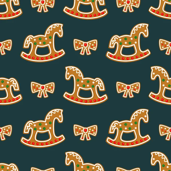 シームレス パターンのクリスマスのジンジャーブレッド クッキー - ロッキング馬し、弓. — ストックベクタ