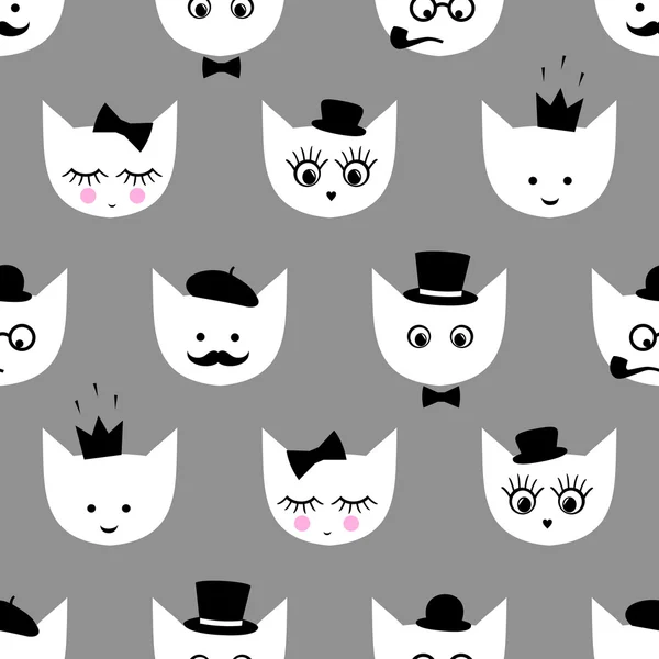Seamless pattern with white cats with fashion glasses, mustache, bow-tie, hat, tobacco pipe, eyes, lashes, lips, crown on grey background for kids holidays. — Stock Vector