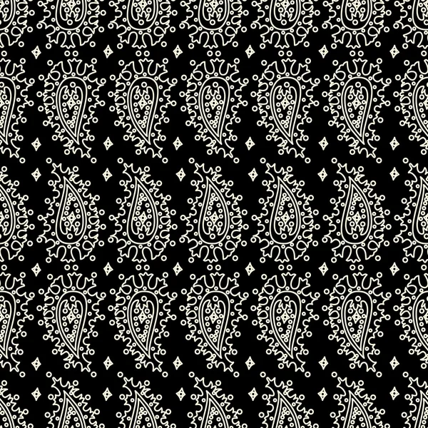 Dibujo vectorial patrón paisley sobre fondo negro. Fondo oriental abstracto blanco y negro . — Archivo Imágenes Vectoriales