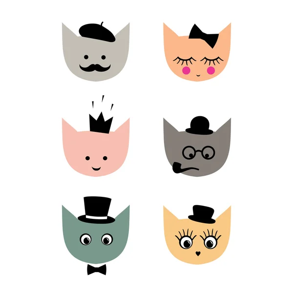 Personnages mignons de chat avec des lunettes de mode, moustache, noeud papillon, chapeau, pipe à tabac, yeux, cils, lèvres, couronne — Image vectorielle
