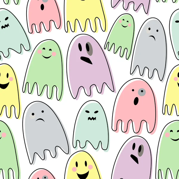 Happy Halloween seamless vector pattern with colorful ghosts on white background. — Stock Vector