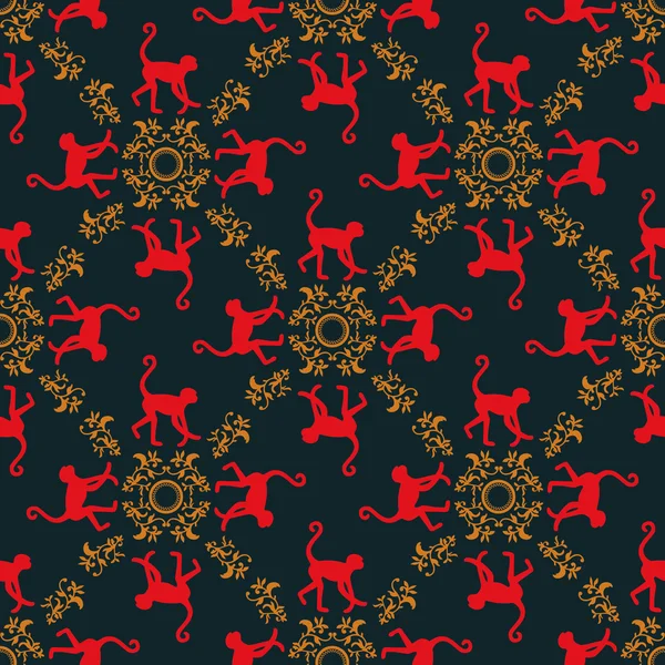 Fundo padrão sem costura colorido com macacos. Símbolo de 2016 ano. Textura de macaco vermelho com ornamento floral dourado . — Vetor de Stock