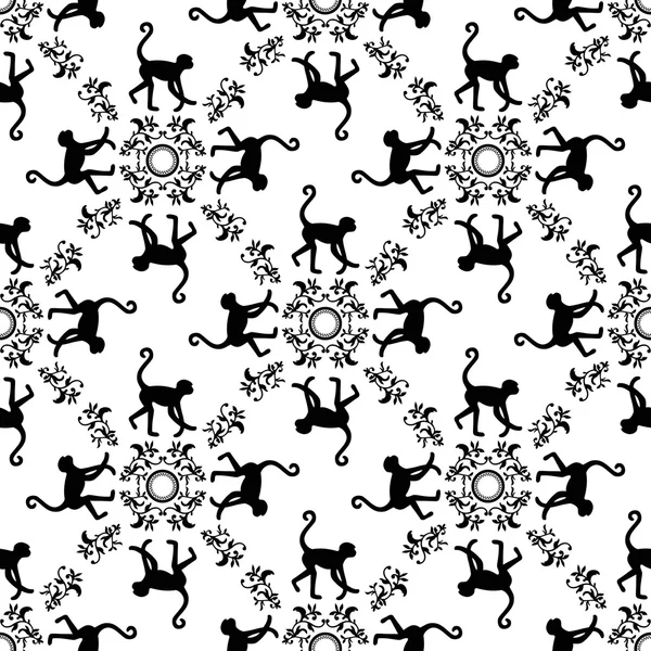 Fond de motif sans couture avec des singes. Symbole de 2016 année. Texture singe noir et blanc avec ornement floral . — Image vectorielle