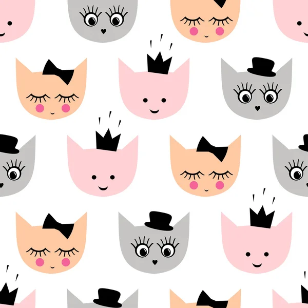 Seamless pattern with funny girlish cats with hat, crown, bow for kids holidays on white background. — Stock Vector