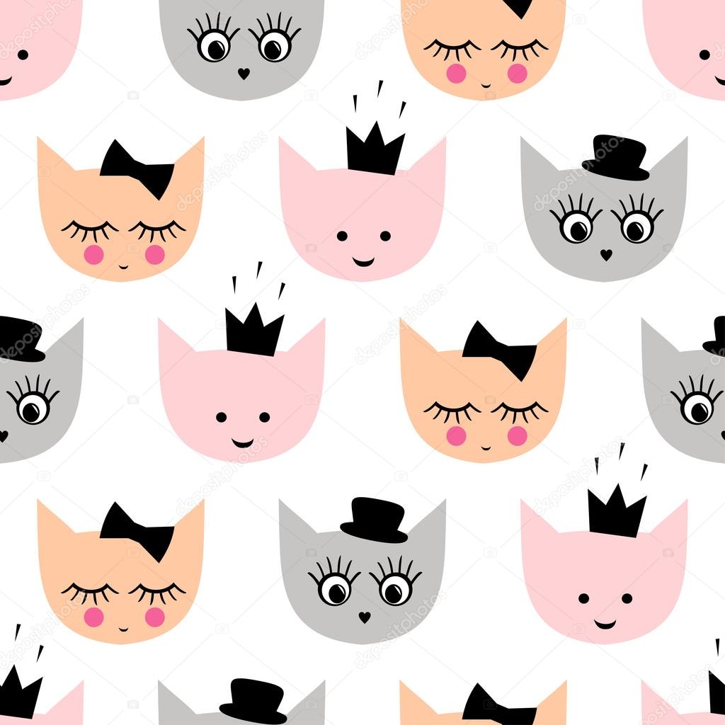 Seamless pattern with funny girlish cats with hat, crown, bow for kids holidays on white background.