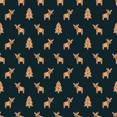 Noel gingerbread çerezleri - Xmas ağacı ve geyik ile Seamless modeli. Kış tatil vektör arka plan.