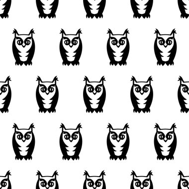 Siyah ve beyaz sorunsuz baykuş desen. Sevimli çizgi baykuş arka plan.