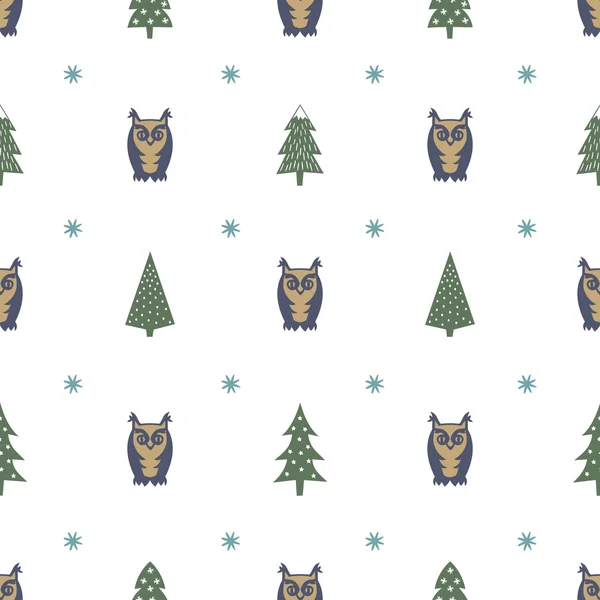 Patrón de invierno - variados árboles de Navidad, búhos y copos de nieve. Fondo simple sin costuras Feliz Año Nuevo. Diseño vectorial para vacaciones de invierno sobre fondo blanco . — Vector de stock