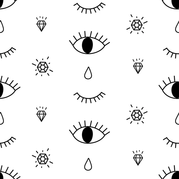 Abstract pattern with open and winking eyes, diamonds, tears. Cute trendy background. — Stock Vector