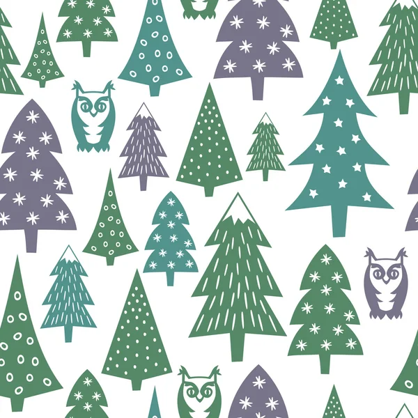 Motif hivernal - arbres de Noël variés, hiboux et flocons de neige. Simple sans couture Happy New Year fond. Conception vectorielle pour les vacances d'hiver sur fond blanc . — Image vectorielle