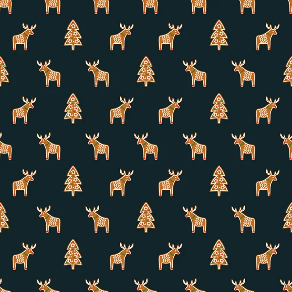 Patrón sin costuras con galletas de jengibre de Navidad - Árbol de Navidad y ciervos. Vacaciones de invierno vector fondo . — Vector de stock