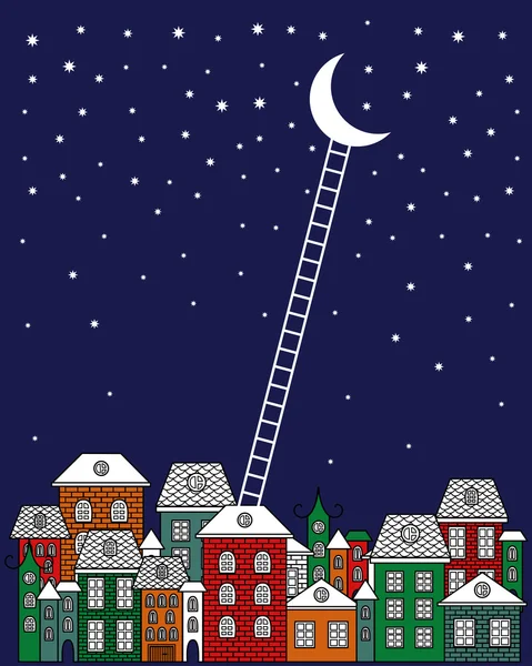 Para la ilustración del vector de la luna y la espalda. Ciudad vieja, cielo nocturno, escaleras a la luna sobre fondo azul. Tarjeta de felicitación noche ciudad ilustración diseño . — Archivo Imágenes Vectoriales