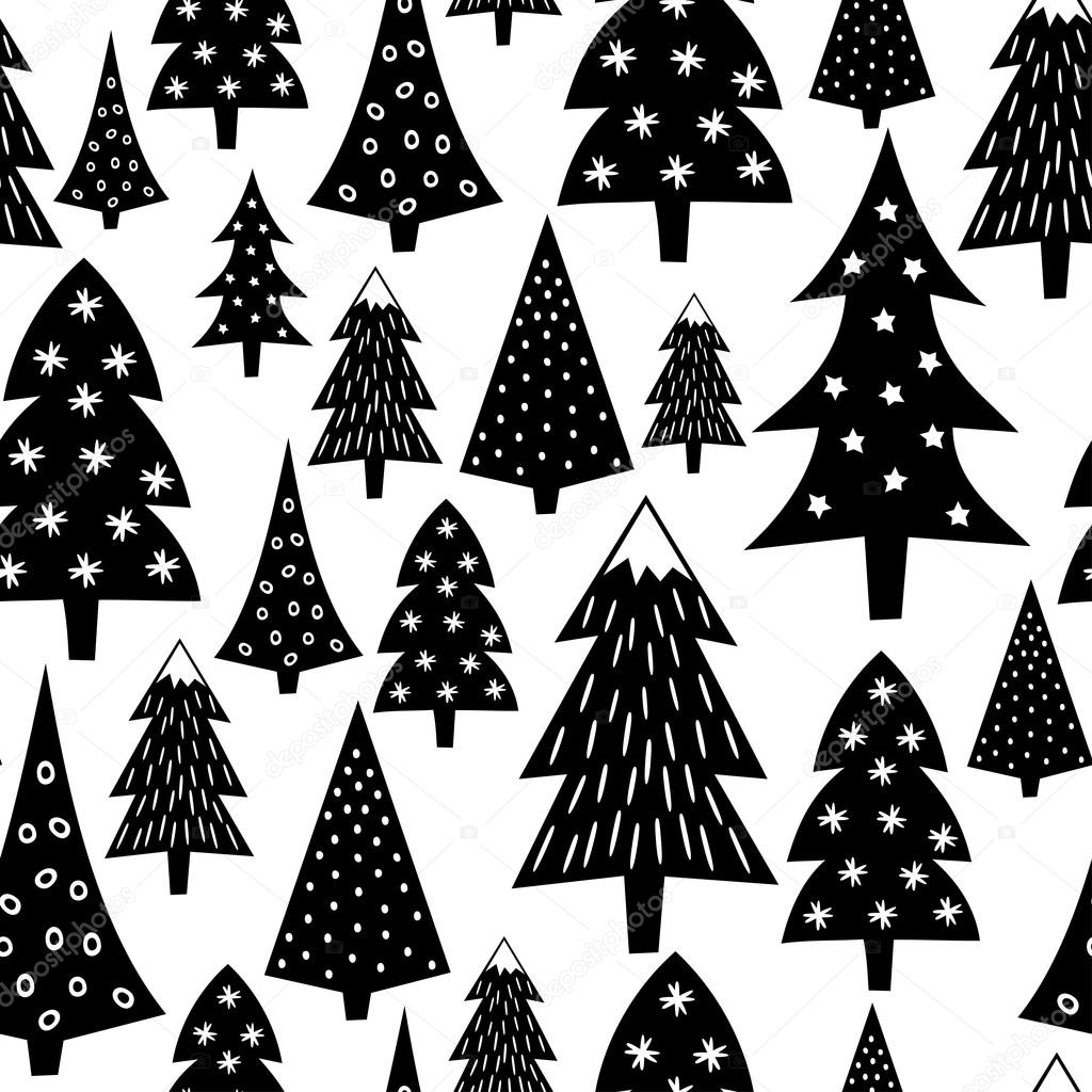 Modello senza cuciture di Natale in bianco e nero variato i fiocchi di neve e gli alberi di Natale Illustrazione della foresta di inverno Disegno