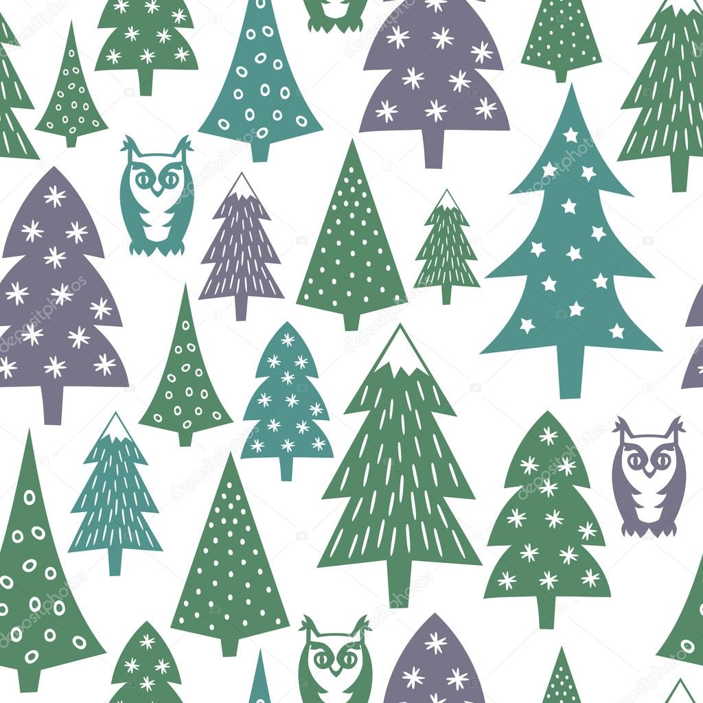 Winter pattern - varied Xmas trees, owls and snowflakes. Simple seamless Happy New Year background. Vector design for winter holidays on white background.