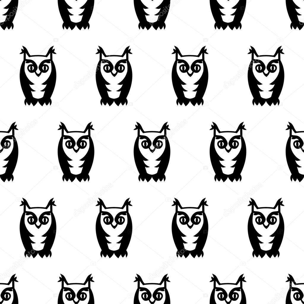 Black And White Seamless Owl Pattern Cute Cartoon Owl