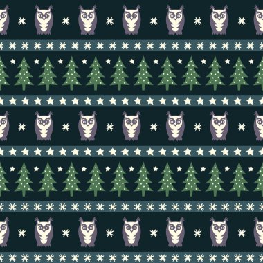 Kış orman desen - Noel ağaçları, baykuşlar ve kar taneleri. Basit sorunsuz doğa arka plan. Kış tatilleri için vektör tasarımı.