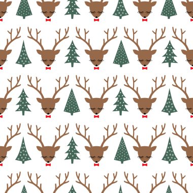 Cute geyikler ok ve beyaz arka plan üzerinde Noel ağaçları Dikişsiz desen uyku. Geyiği siluet arka plan kış tatilleri için kafa..