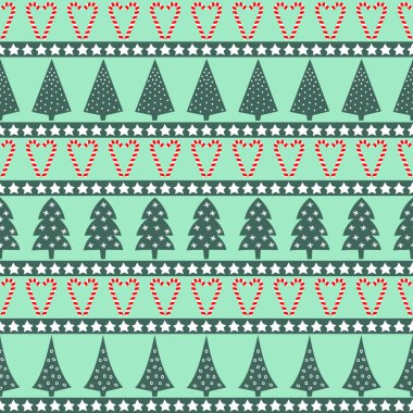 Noel desen - çeşitli Noel ağaçları, yıldız ve şekerler. Mutlu yeni yıl ve neşeli Noel sorunsuz arka plan.