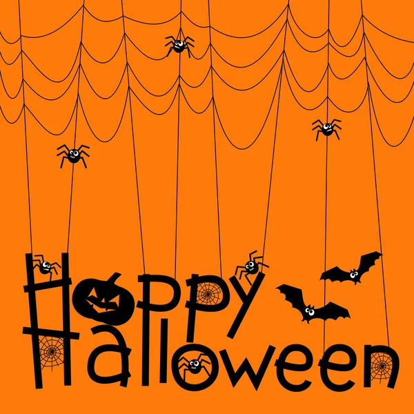 Arañas, murciélagos, calabazas y telas sobre fondo naranja con texto Feliz Halloween . — Vector de stock