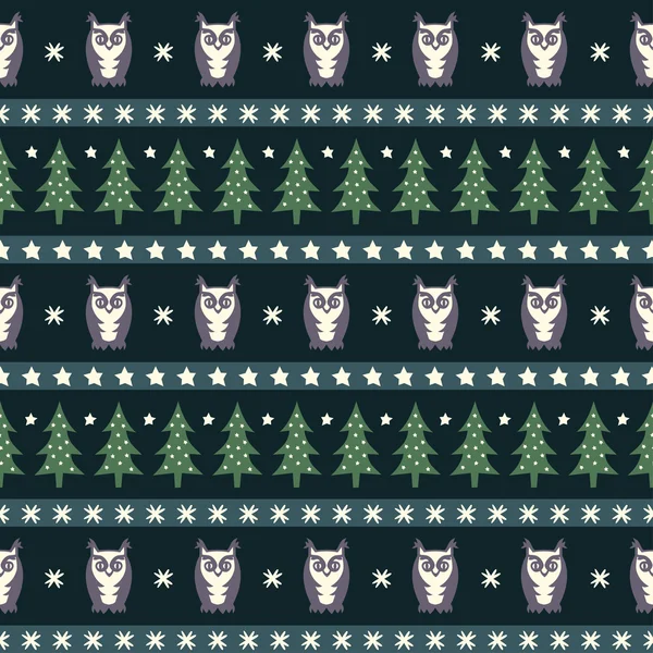 Patrón de bosque de invierno - Árboles de Navidad, búhos y copos de nieve. Fondo de la naturaleza simple sin costuras. Diseño vectorial para vacaciones de invierno . — Vector de stock