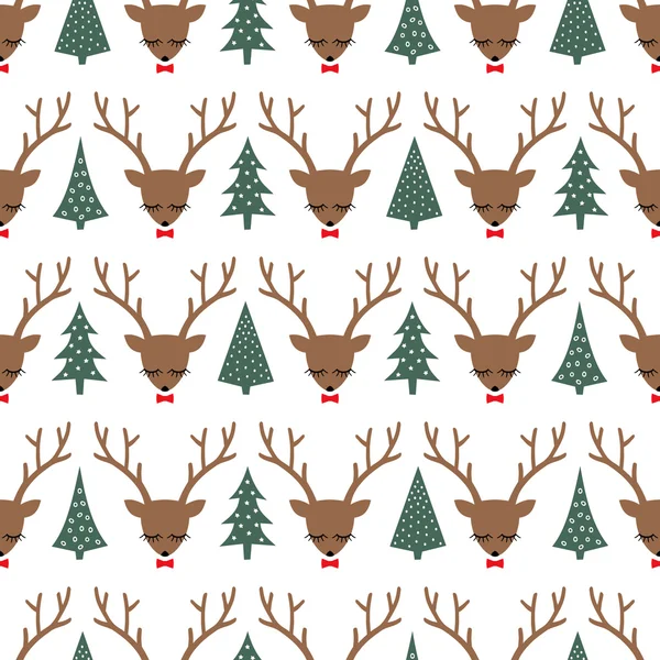 Cute sleeping deers with bows and Xmas Trees seamless pattern on white background. Deer head silhouette background for winter holidays. — Stock Vector