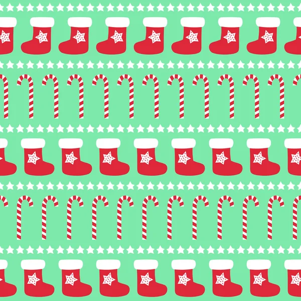 Christmas pattern with xmas socks, stars and candy canes. Happy New Year and Merry Xmas background. Seamless vector design for winter holidays on mint background. — Stock Vector