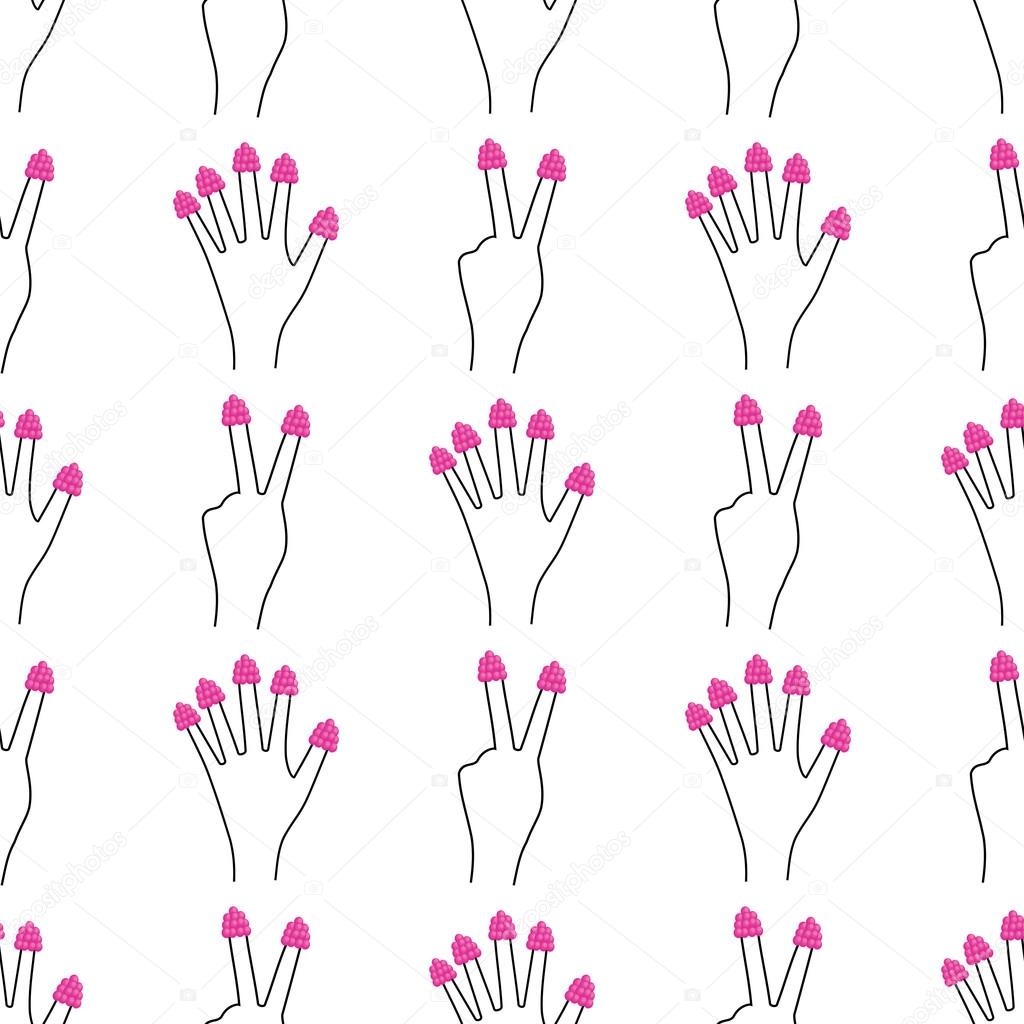 Hand with raspberries on all fingers seamless pattern. Cute funny girlish illustration with raspberries nails.