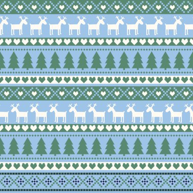 Dikişsiz Noel desen, kartı - İskandinav kazak tarzı. Sevimli Noel arka plan - Noel ağaçları, geyikler, kalp, kar taneleri.