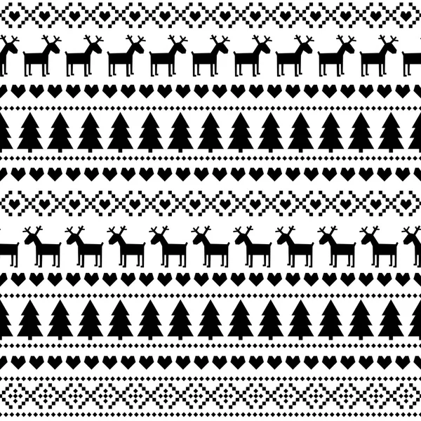 Fekete-fehér zökkenőmentes karácsonyi minta, kártya - stílus skandináv pulóver. Aranyos karácsonyi háttér - Xmas fák, a szarvast, a szív és a hópelyhek. — Stock Vector