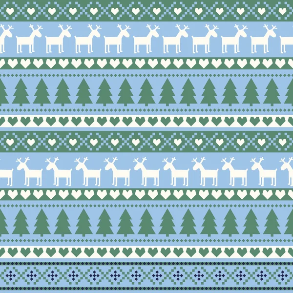 Patrón de Navidad sin costuras, tarjeta - estilo suéter escandinavo. Lindo fondo de Navidad - Árboles de Navidad, ciervos, corazones y copos de nieve . — Archivo Imágenes Vectoriales