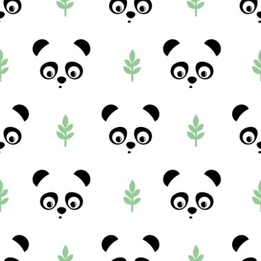 Panda yeşil dallar ile seamless modeli. Sevimli vektör arka plan bebek hayvan panda ile.