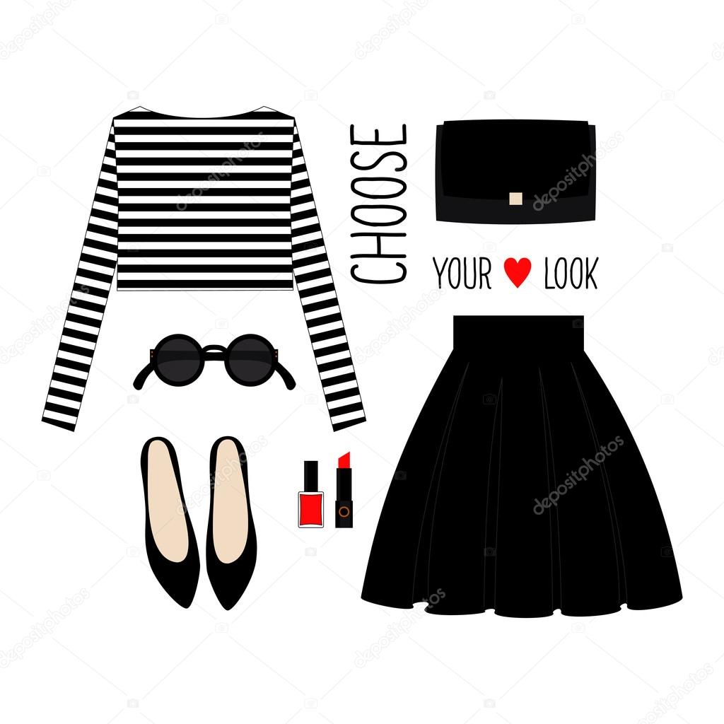 Fashion Illustration.  Casual look with cropped singlet, skirt, black shoes and accessories.