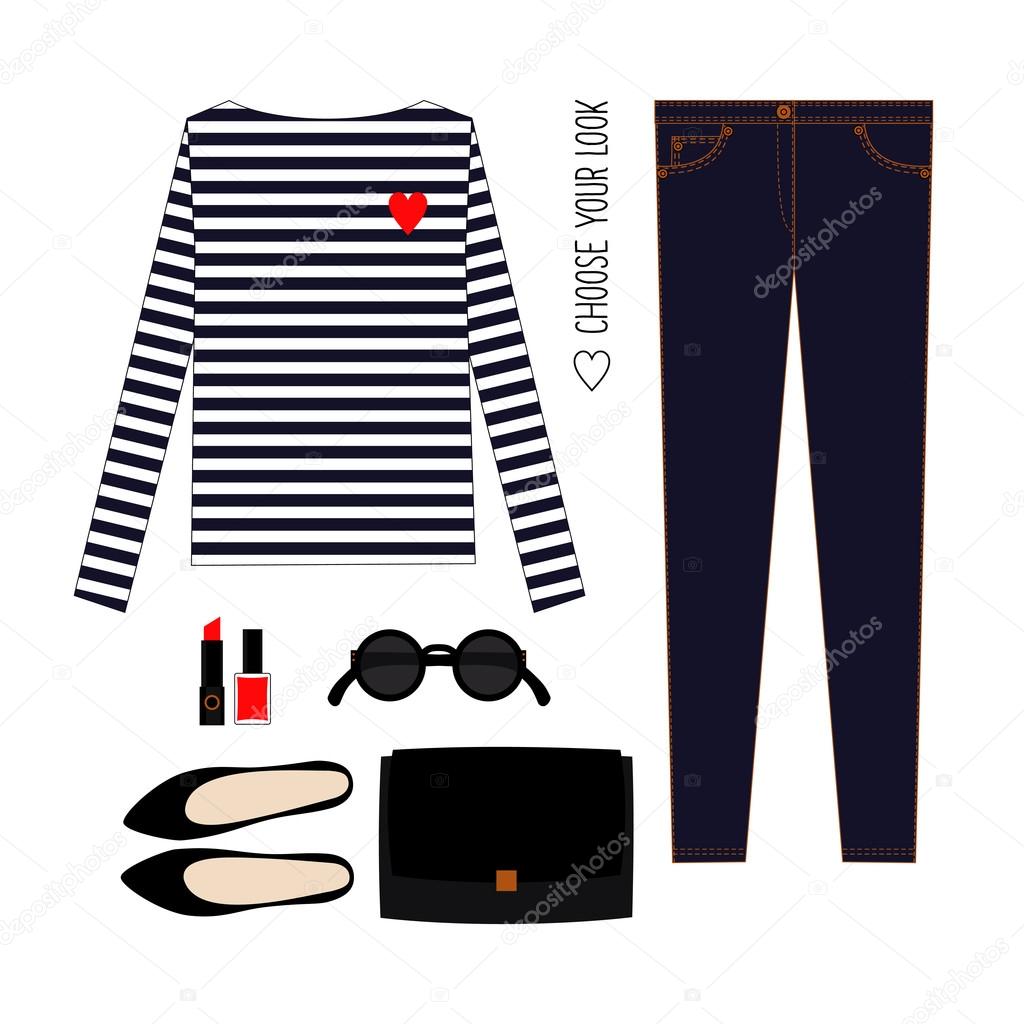 Fashion Illustration. Casual outfit. Woman modern clothing flat set.