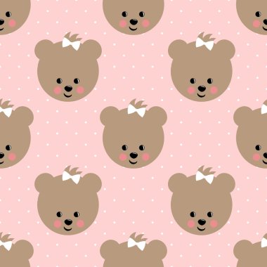 Mutlu oyuncak ayı seamless modeli pembe lekeli zemin üzerine.