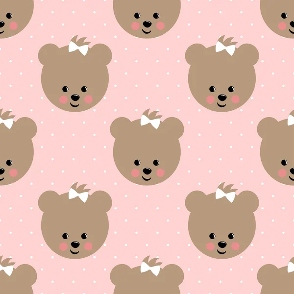 Gelukkig teddybeer naadloze patroon op roze polka dots achtergrond. — Stockvector