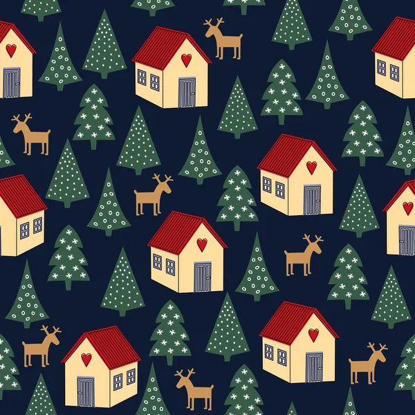 Seamless retro Christmas pattern - varied Xmas trees, houses and deers. Happy New Year background. — Stock Vector