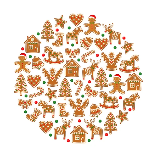 Karácsonyfa díszítés. Karácsonyi cookie-gyűjteménye - mézeskalács sütik számok a fehér háttér — Stock Vector