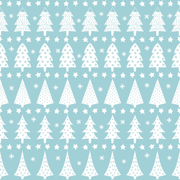 Simple seamless retro Christmas pattern - varied Xmas trees, stars and snowflakes. Baby blue Happy New Year background.