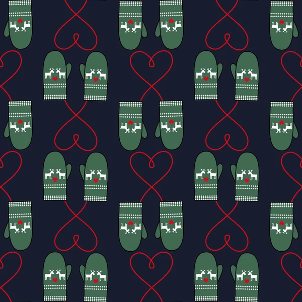 Moufles d'hiver motif sans couture avec des cœurs pour les vacances de Noël . — Image vectorielle