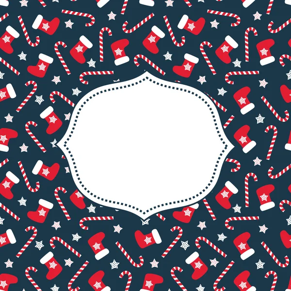 Feliz tarjeta de Navidad. Patrón de Navidad sin costuras con medias de Navidad, estrellas y bastones de caramelo con marco para su texto. Feliz Año Nuevo y Feliz Navidad de fondo . — Vector de stock