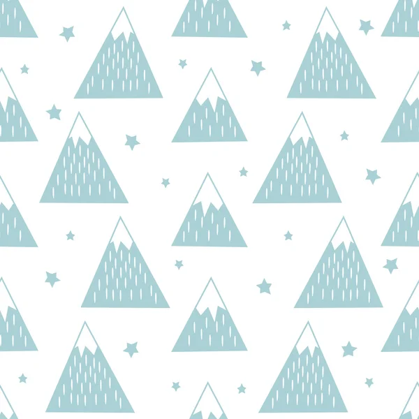 Seamless pattern with geometric snowy mountains and stars. — Stock Vector