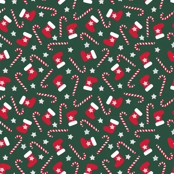 Seamless Christmas pattern with xmas stocking, stars and candy canes — Stock Vector