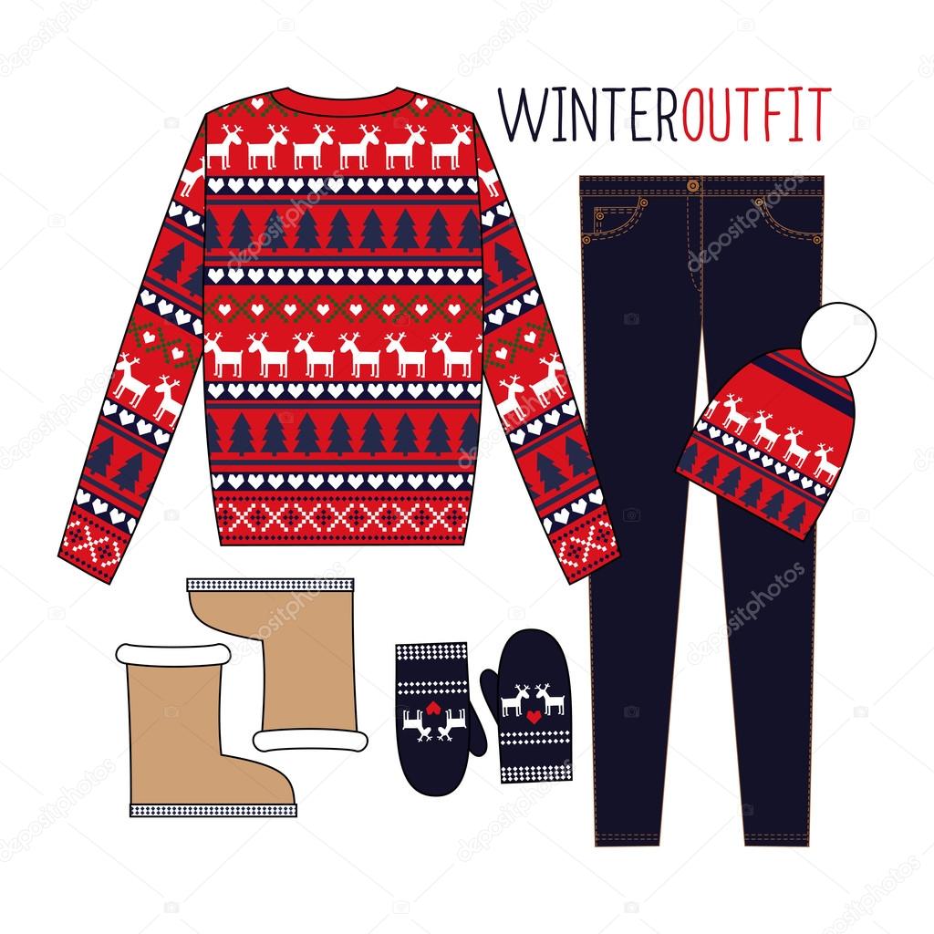 Winter outfit. Fashion Illustration. Scandinavian sweater style. Woman modern clothing flat set.