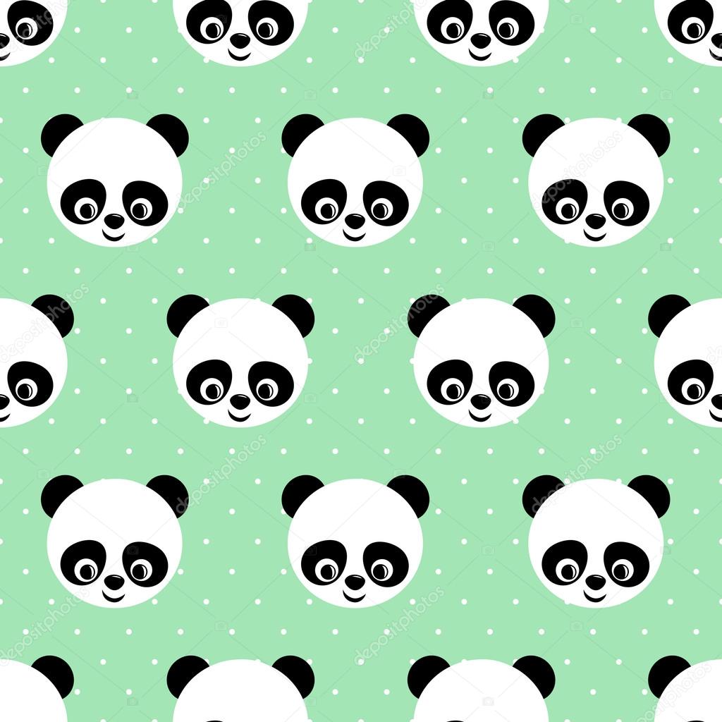 Baby panda seamless pattern on mint polka dots background.